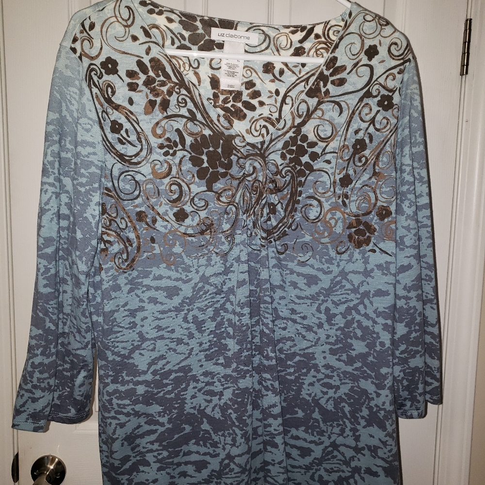 Liz Claiborne XL 3/4 Sleeve Brown/Blues Top